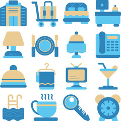 Hotel Service illustration set. Includes of booking, stay, guest, room, suite, and More. Vector flat color collection