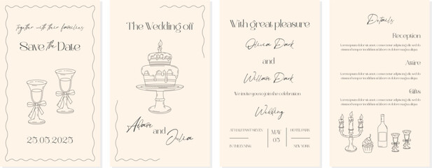 Elegant hand-drawn wedding invitation template in soft beige tones. Includes cake, wine glasses, candleholder, and text layout. Perfect for save the date, RSVP, or celebration cards.