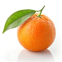 Fresh ripe orange fruit with green leaf on white background