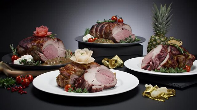 Selection of Roasted Meats Garnished on White Plates with Dark Background and Decorative Pineapple in Dramatic Lighting Perfect for Christmas Dinner
