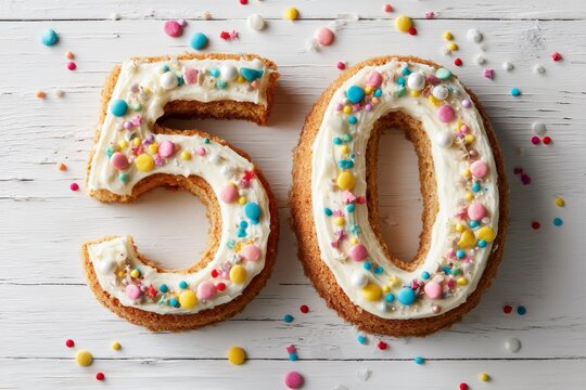 Celebrating a milestone birthday with a large cake shaped like the number fifty decorated with colorful sprinkles