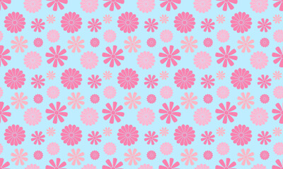 Fresh Pink Japanese Cosmos and Chrysanthemum  on Blue Background Seamless Vector Background for Web Design, Social Media, and Modern Japanese Themes