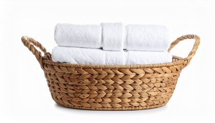Obraz premium Rolled white towels neatly arranged in a woven basket against a bright background