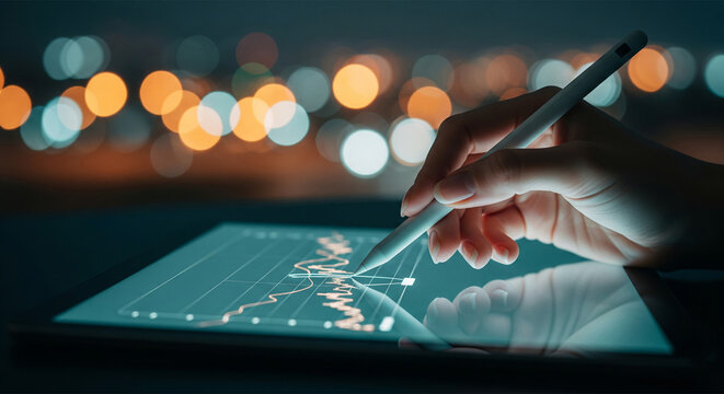 Hand using stylus on tablet displaying financial graph against blurred city lights, symbolizing data analysis, market trends, and modern business technology - Powered by Adobe