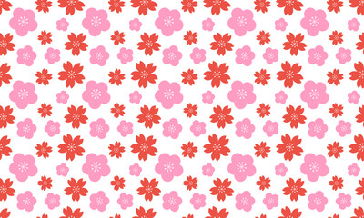 Pastel Pink Japanese Sakura and Red Ume Seamless Pattern for Kimono, Fabric, and Delicate Japanese Textile Design
