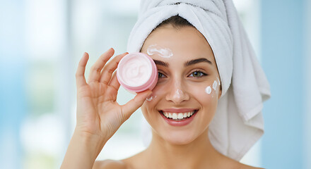 Fototapeta premium Young Woman Applying Moisturizer Cream