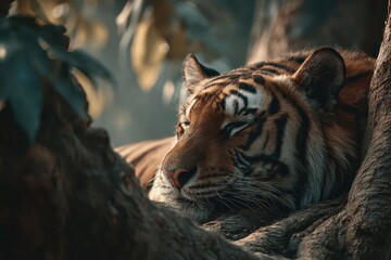 Bengal tiger peacefully sleeps on the tree branch, closeup view. Use it for wildlife, conservation or animal welfare campaign.