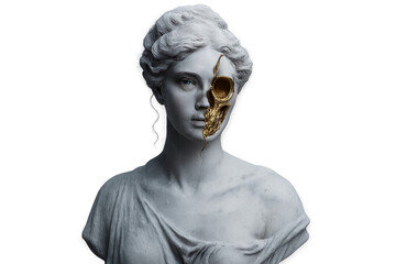 Ethereal Marble Statue with Golden Skull Detail – Contrast of Beauty and Mortality