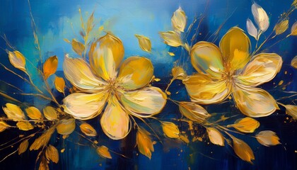 abstract art acrylic oil painting of gold floral blooming flowers and leaves on blue colored canvas background generative ai