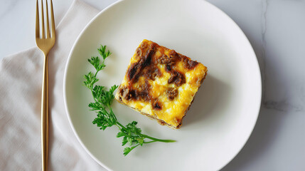 Single serving of bobotie on white plate with garnish of parsley  
