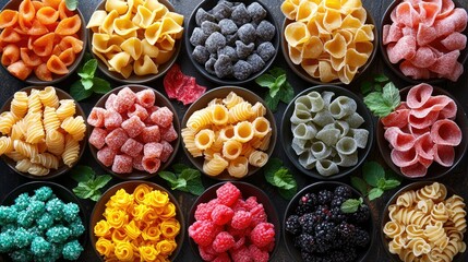Colorful assortment of pasta and sweets in small bowls.