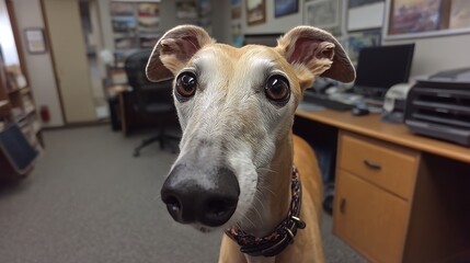 Curious Gaze of Greyhound: A close-up shot of a greyhound, staring intently at the camera with captivating brown eyes. The portrait highlights the dog's unique features.