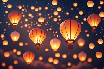 Obraz premium Orange lanterns floating in dark night sky lights