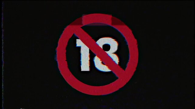 Warning 18 Content in VHS Retro Look in 4k Alpha Channel. Animated 18+ restriction sign with glitch effect. Suitable for content warnings.