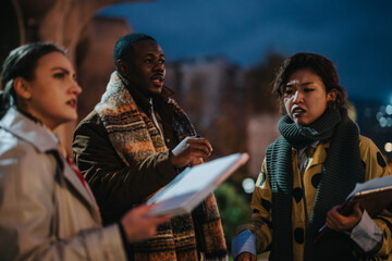 Obraz premium A collaborative discussion among diverse people during the twilight hours, an interpersonal exchange of ideas under urban lights.