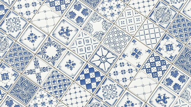 Patchwork of blue and white decorative ceramic tile patterns.