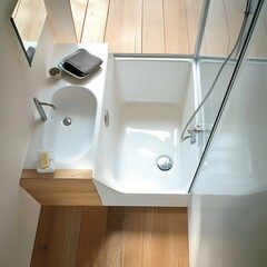 Fototapeta premium Compact urban bathroom with space saving solutions
