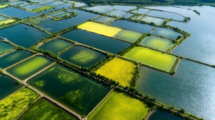 Aerial view of aquaculture ponds, depicting the vibrant colors of nature's landscape. A harmonious pattern of water bodies interweaves with fields of cultivated crops.
