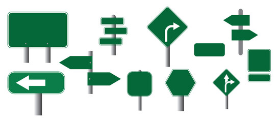 Highway signs. Green road sign with arrow. Green pointers on the road, traffic control signs and road direction signboards. Road street board sign vector isolated. © Creative Sparkle