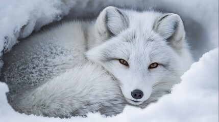 Arctic fox in snow: A majestic arctic fox, with its pure white fur, finds solace in a snowy den, exuding an air of serene tranquility and resilience against the backdrop of a harsh winter environment.