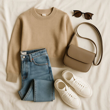 Stylish Flat Lay of Casual Women's Outfit with Accessories
