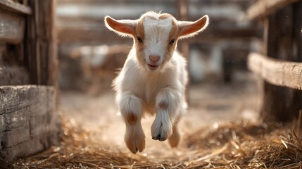 Energetic Goat in Farmyard: This adorable goat, full of youthful energy, leaps joyfully through the farmyard, bathed in warm sunlight.