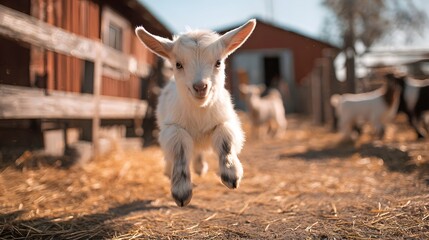 Playful Goat Kid Sprinting Across Farmyard: A young, energetic goat kid bounds joyfully across a rustic farmyard on a bright, sunny day, with other goats and farm structures visible in the background.