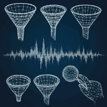 Create a kinds of deferent Abstract funnel with data stream and hand with magnifying on dark blue background. Digital internet wave or flow. Low poly wireframe vector set with white background.