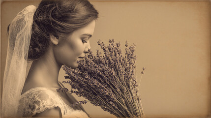 Elegant bride holding lavender bouquet in sepia-toned portrait  