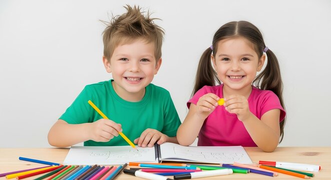 Smiling kids drawing together at a table with colorful art supplies