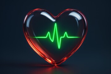 Transparent glass heart with glowing green ECG heartbeat line for medical concept