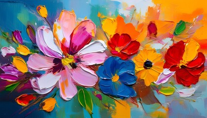 closeup of abstract rough colorful multicolored organic floral spring flowers art painting texture with oil acrylic brushstroke pallet knife paint on canvas wallpaper generative ai