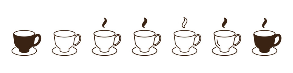 Set of seven Coffee Cup linear icons isolated on transparent background. Love coffee icons. Coffee with steam, coffee cup design vector illustration. 