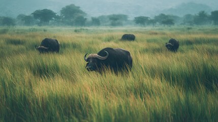 Buffalo in the African Savanna: Capturing the raw beauty of African wildlife, this image depicts a group of majestic buffalo grazing peacefully amidst tall.
