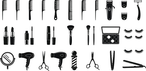 Fototapeta premium Black and white beauty salon equipment and makeup icons set