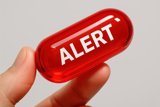 Close up of hand holding a red glossy capsule with ALERT text, signifying warning and urgency