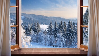 snowy balcony view through closed window