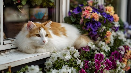 Cozy Cat in Floral Window: A serene cat relaxes on a windowsill amidst a vibrant array of colorful flowers. bathed in the natural light.