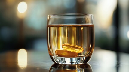 Obraz premium Two gold colored capsules in a clear glass of liquid.