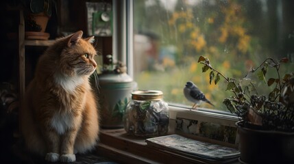 Cat and Bird at Window: A serene cat sits on a windowsill, captivated by a small bird perched just outside in the rain-kissed outdoors. A perfect cozy scene of contemplation and shared moment.