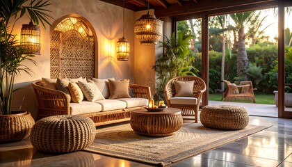 Cozy Wicker Living Room with Garden View and Warm Lighting