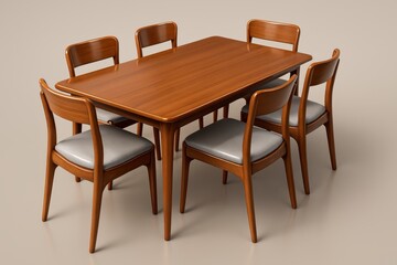 Elegant wooden dining table set with six chairs and light grey upholstered seats