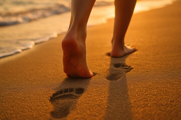 Bare feet walking on sandy beach at golden sunset leaving footprints in the sand