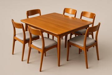 Modern rectangular wooden dining table with six chairs and light grey cushioned seats