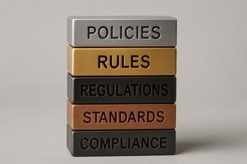 Stack of five metallic blocks with words policies, rules, regulations, standards, and compliance