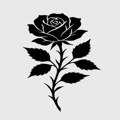 Elegant black rose silhouette with sharp leaf details for tattoo or stencil design.