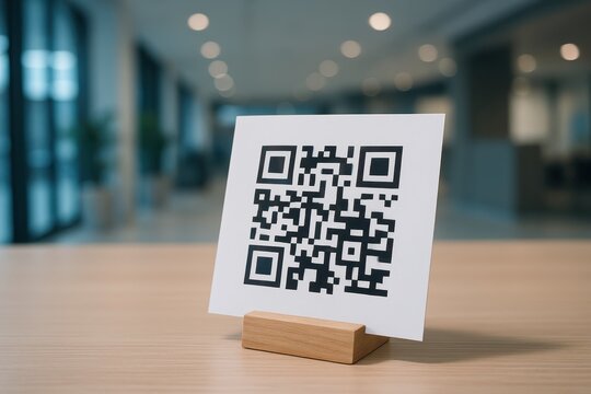 QR code on white card in wooden holder on table for digital scan and information - Powered by Adobe