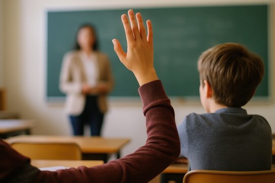 Student raising hand in classroom to ask question with teacher and blackboard in background