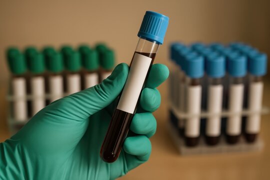 Gloved hand holding blood sample tube with blue cap for medical laboratory analysis
