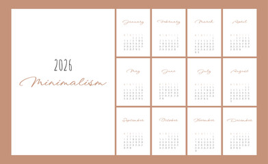 Calendar 2026 Trendy Minimalist Style. Set of 12 pages desk calendar. 2026 minimal calendar planner design for printing template. vector illustration	